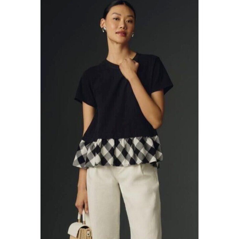 ANTHROPOLOGIE MAEVE Short Sleeve T Shirt Top Size Medium Plaid Hem Black White